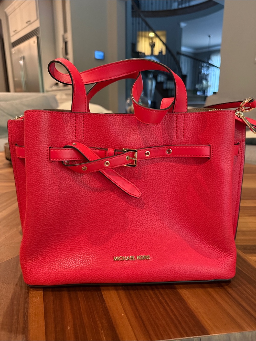 Michael Kors Bright Red Pebbled Leather Satchel with Belt Detail